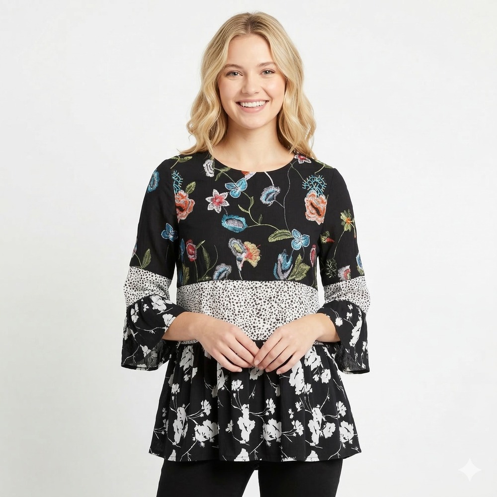 Calessa Women Size Medium Petite Black Floral Embroidered Bell Sleeve Tiered Top